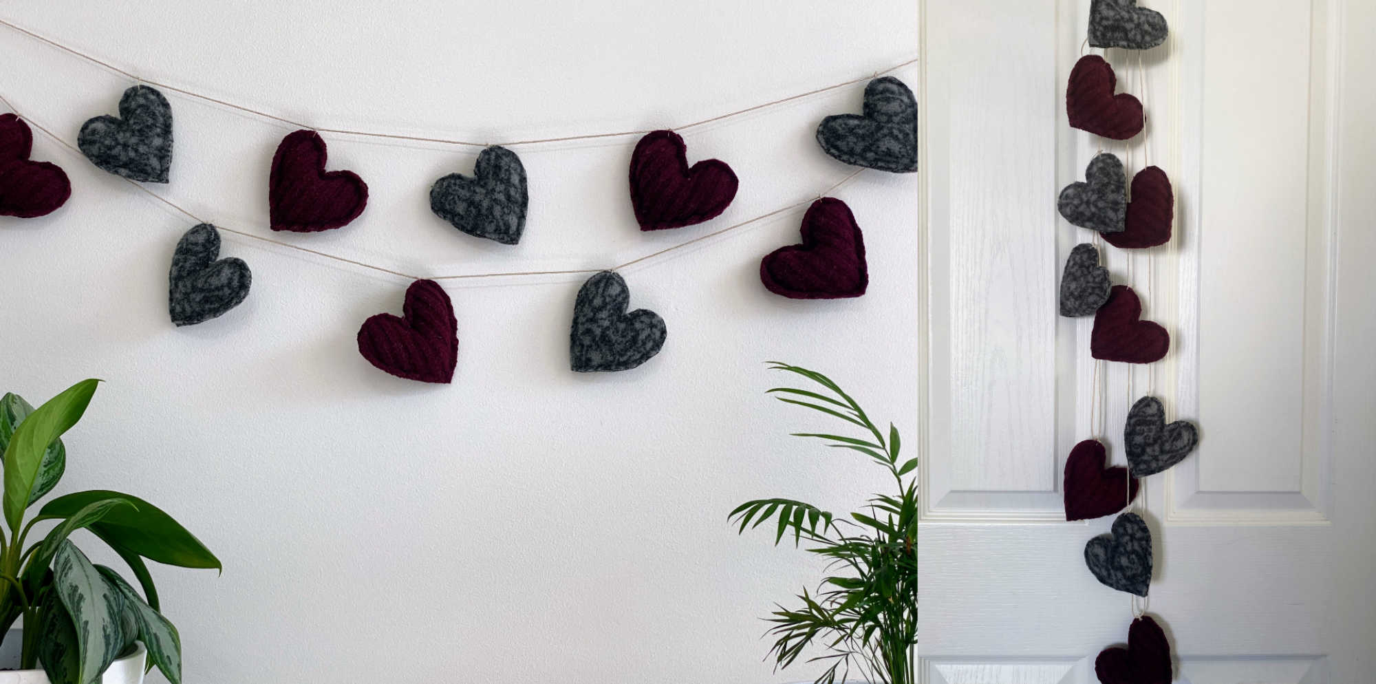 The completed felted heart garland. On the left, it is displayed on a wall. On the right, it is displayed hung on a door.